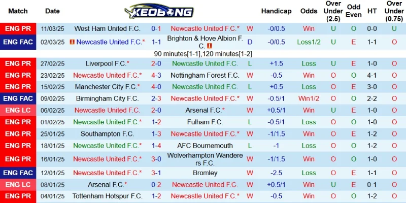 Thành tích gần đây bên phía Newcastle