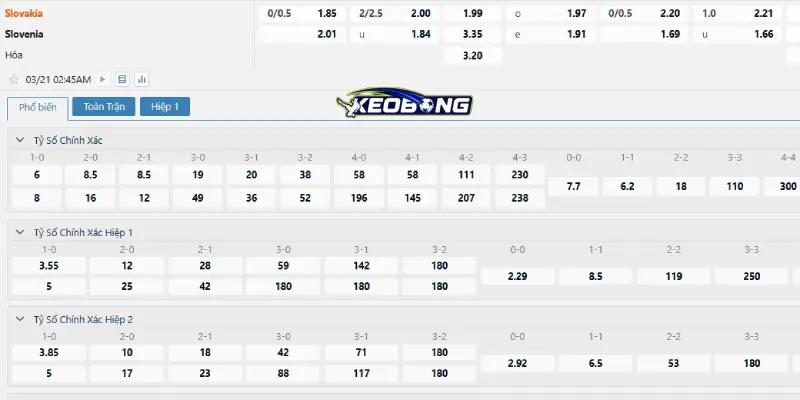 Những tỉ lệ cược đáng chú ý trận Slovakia vs Slovenia