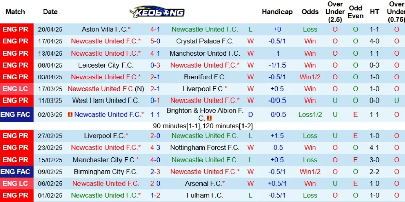 Thành tích gần đây của Newcastle
