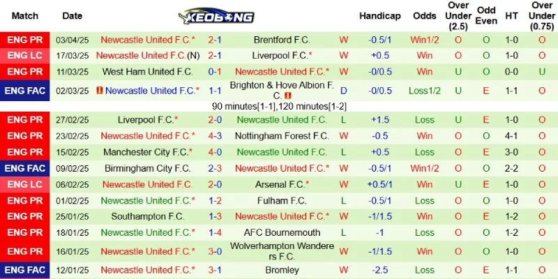 Thành tích gần đây bên phía Newcastle