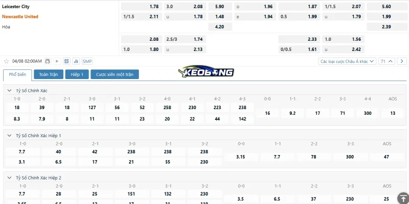 Những tỉ lệ cược đáng chú ý trận Leicester vs Newcastle