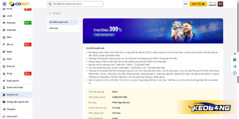 Khuyến mãi nạp lần đầu thưởng 300% lên đến 3.000.000 VNĐ