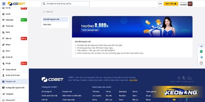 Khuyến mãi nạp 8% mỗi ngày tại CDBET
